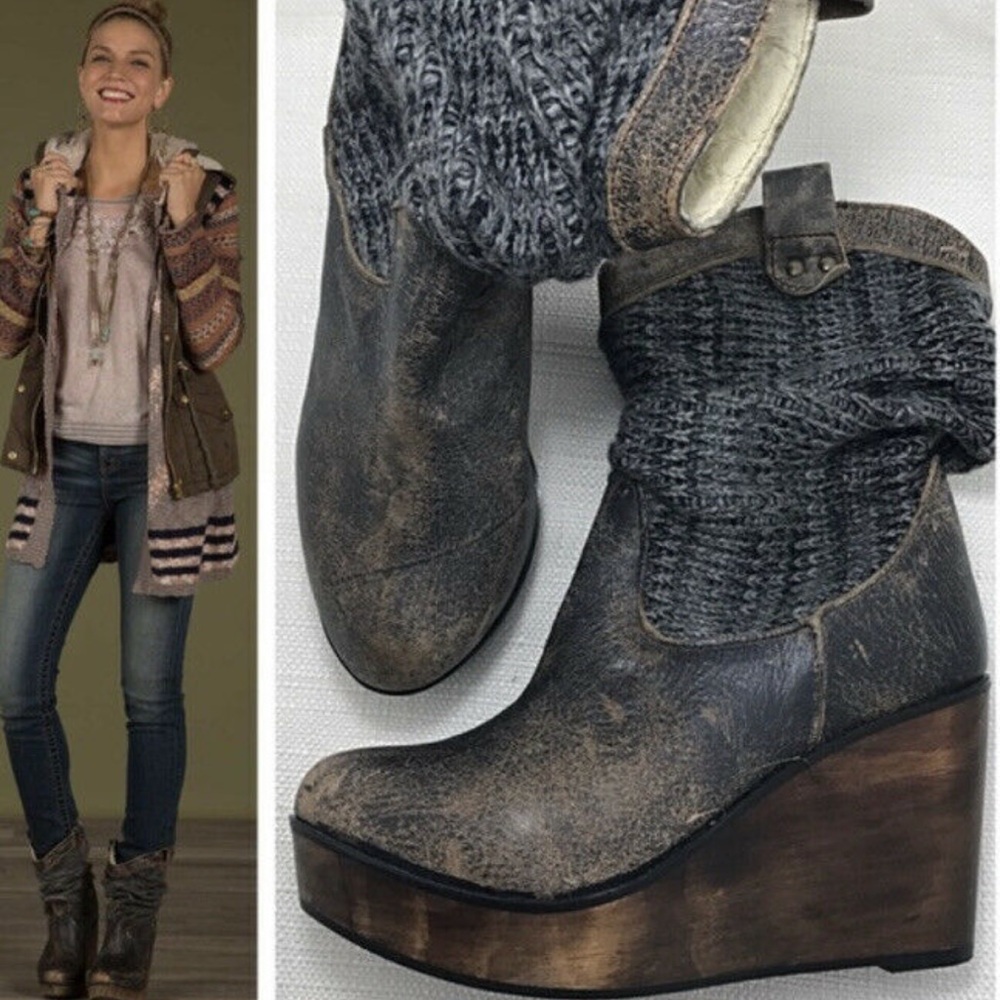 Bed Stu Brown Bruges Wood Wedge Slouchy Boots Size 8.5